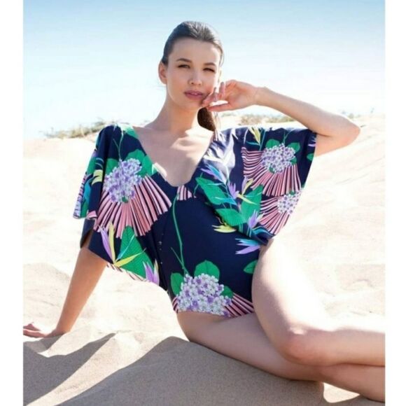 Trina Turk Midnight Paradise Flutter Sleeve One Piece Swimsuit Sz 6 - Picture 4 of 13